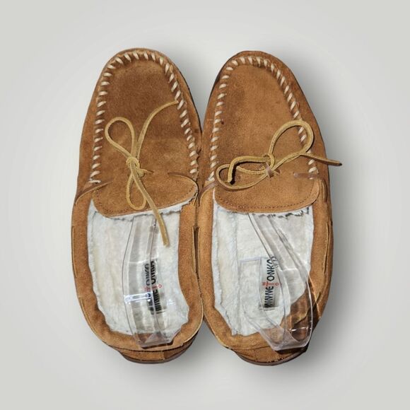 Minnetonka Brown Suede Moccasin Slippers Pile Lined Hard Soled 3902 11 - Picture 8 of 12
